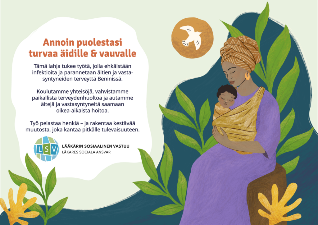 Kuvitettu kortti, jossa afrikkalainen äiti vauva kantoliinassa, kyyhky ja kasveja. Toisella puolella teksti, jossa kerrotaan lahjoituksesta.